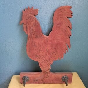 Hand Carvwd Rustic Red Rooster Wall Hook